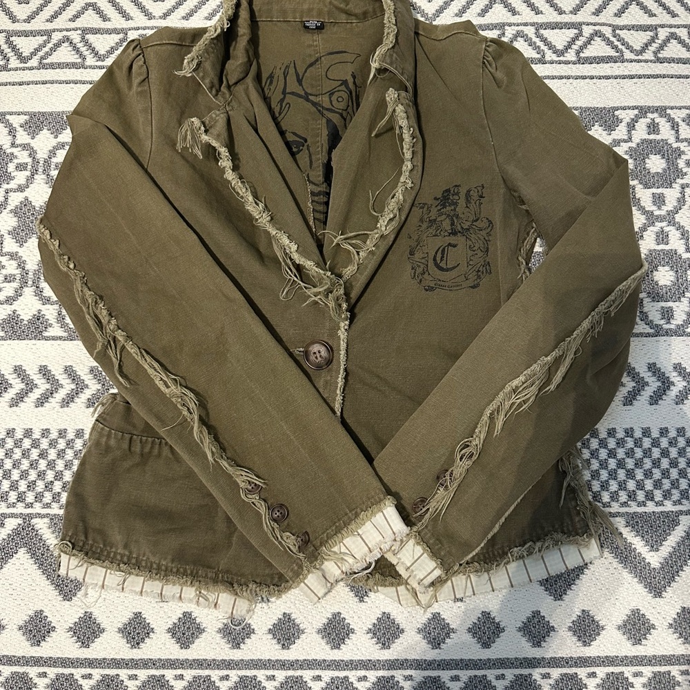 Olive Green Distressed Suit Jacket with Pointed Collar